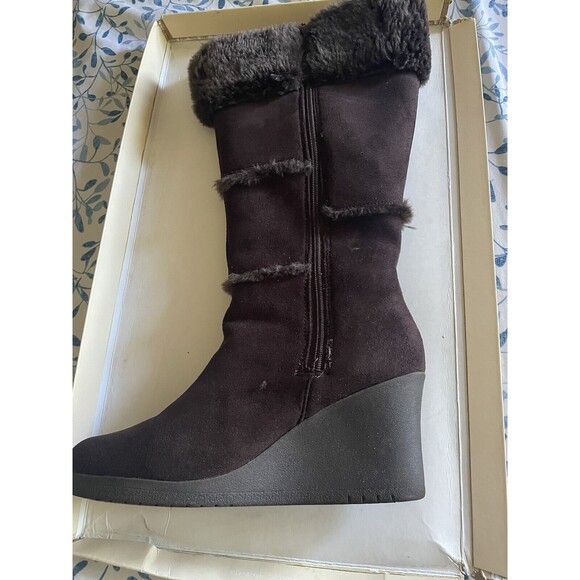 Decree Womens Boots 8.5M Knee High Brown Zip Up Round Toe Wedge 3" Heel - Picture 6 of 10